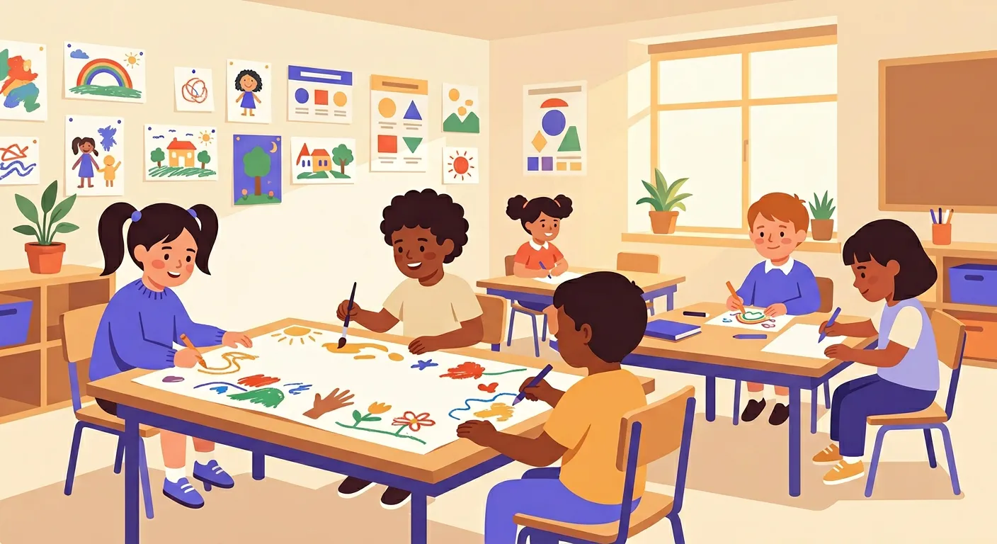 Bambini della scuola primaria che svolgono attività creative di accoglienza in classe prima