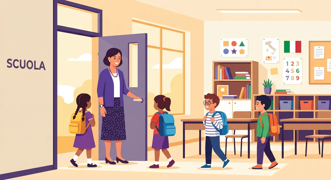 Docente che accoglie gli studenti in classe prima il primo giorno di scuola