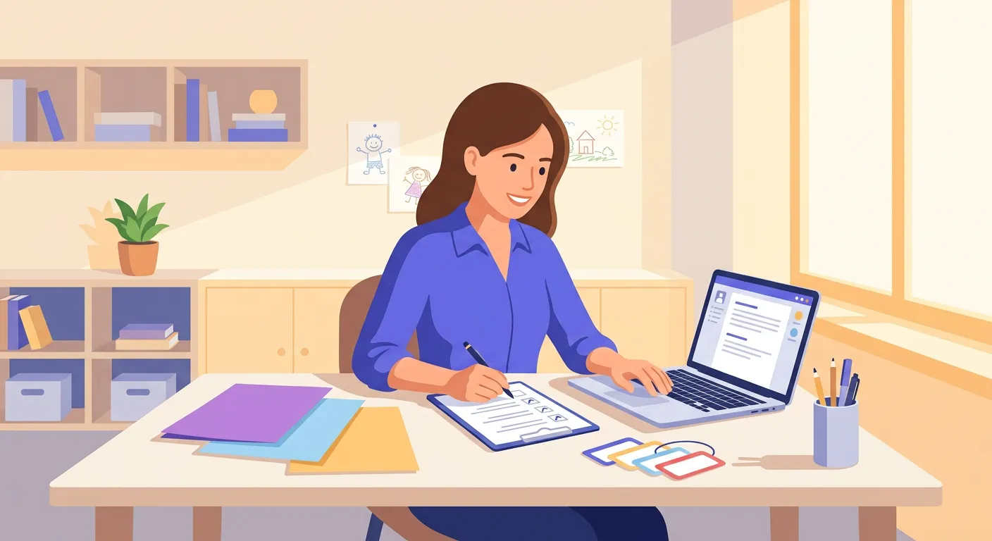 Insegnante che prepara materiali e l'aula per l'accoglienza della classe prima