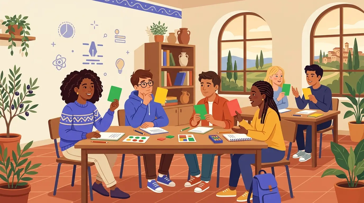 Studenti in classe che riflettono sul proprio apprendimento compilando schede di autovalutazione