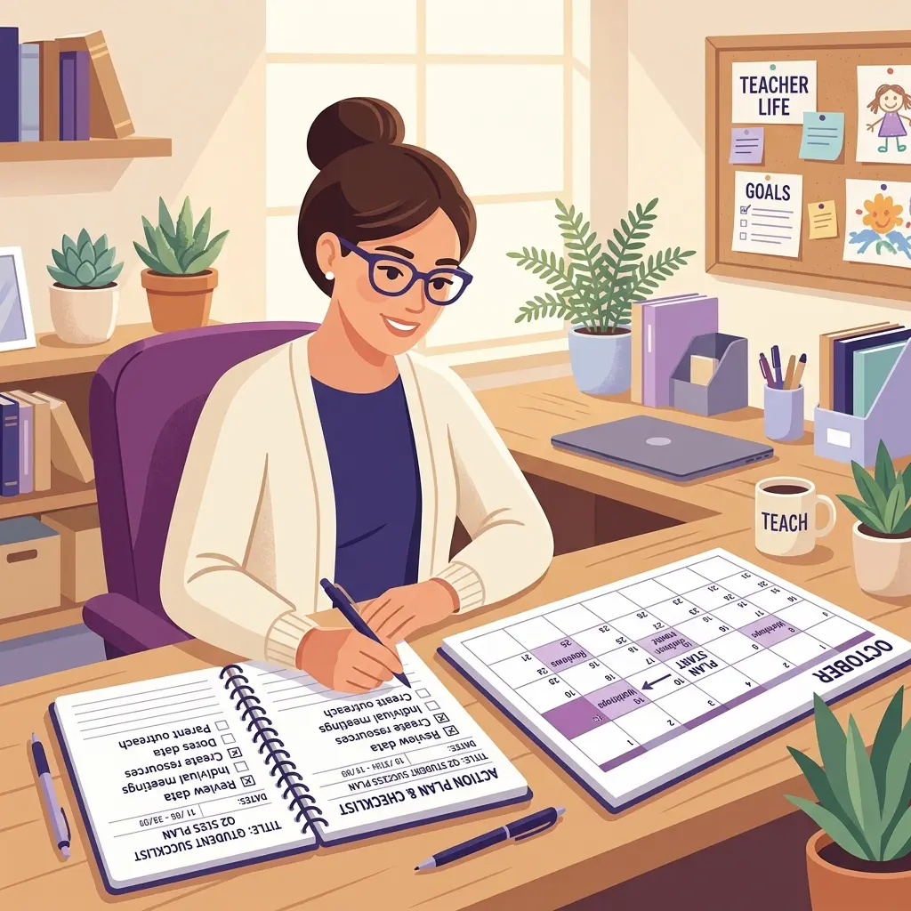 Docente alla scrivania che scrive un piano d'azione con checklist per gestire una classe difficile