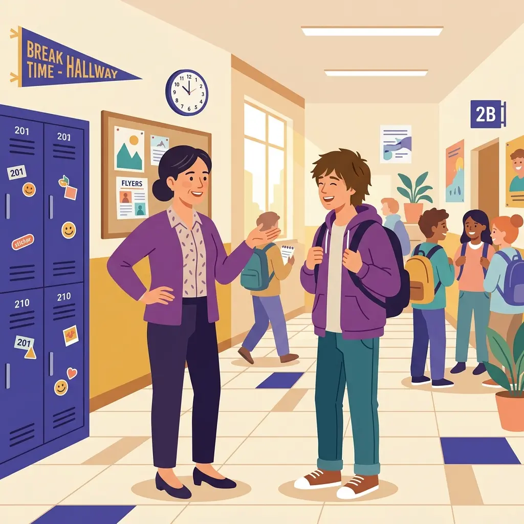 Docente in conversazione con uno studente adolescente durante la pausa in corridoio