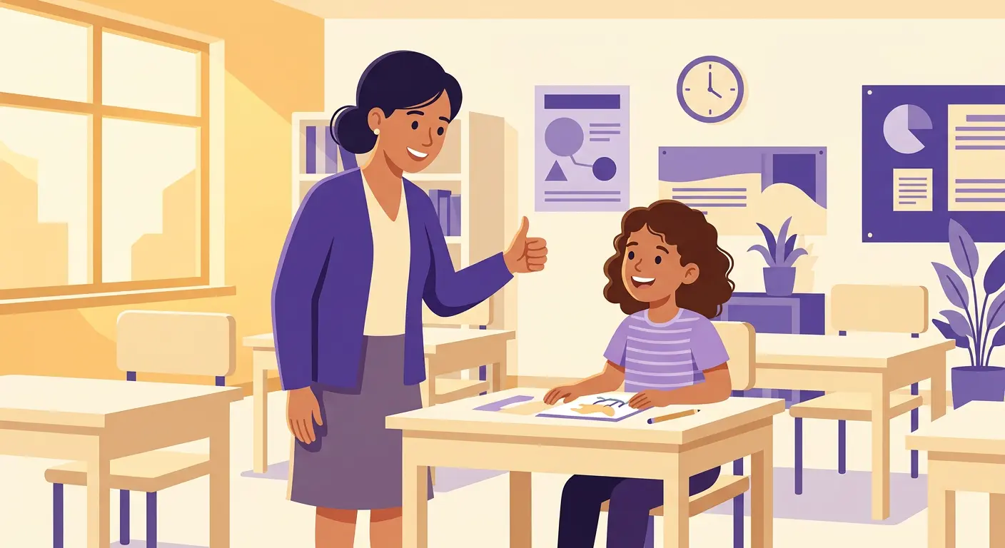 Docente che sorride e fa un gesto di approvazione verso uno studente in classe