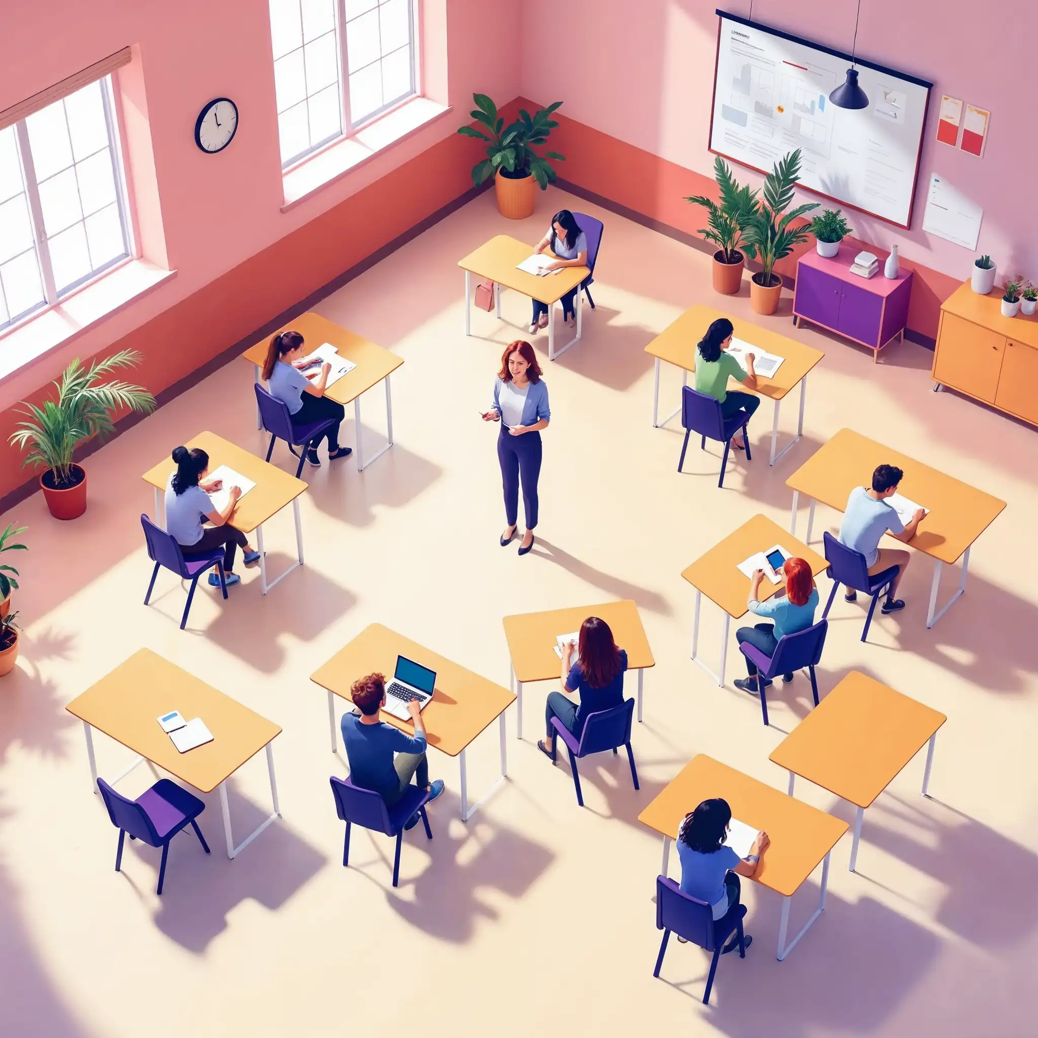 Aula scolastica organizzata con disposizione strategica dei banchi per una migliore gestione del comportamento