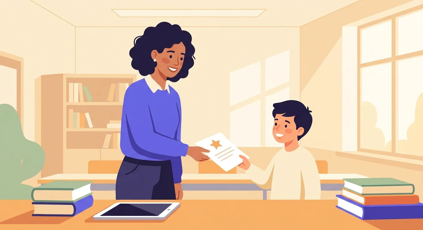 Docente che assegna una nota di merito a uno studente durante la lezione