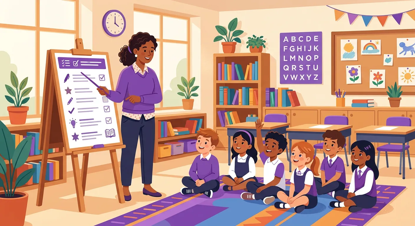 Docente che presenta alla classe i criteri per ottenere punti merito su una lavagna