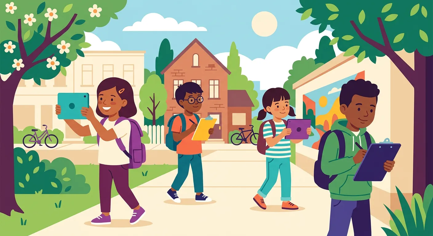 Bambini della scuola primaria che esplorano il quartiere durante un'attività di UDA interdisciplinare