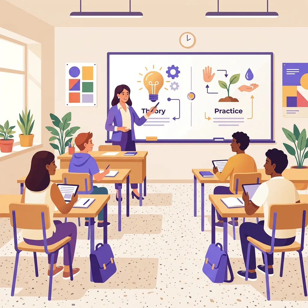 Docente alla lavagna che spiega la differenza tra valutazione formativa e sommativa agli studenti