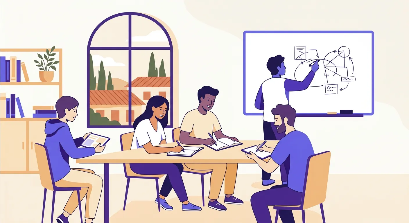 Studenti in classe che svolgono esercizi pratici di valutazione con il docente che osserva