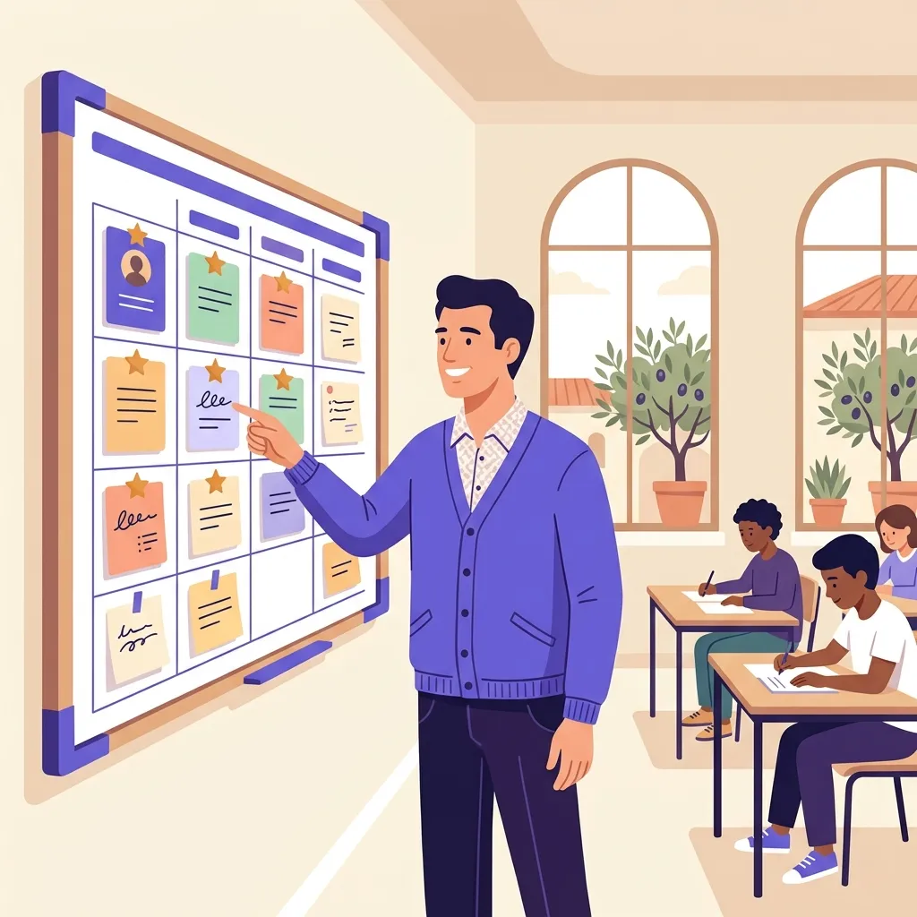 Docente che pianifica un percorso valutativo con schede di progresso degli studenti