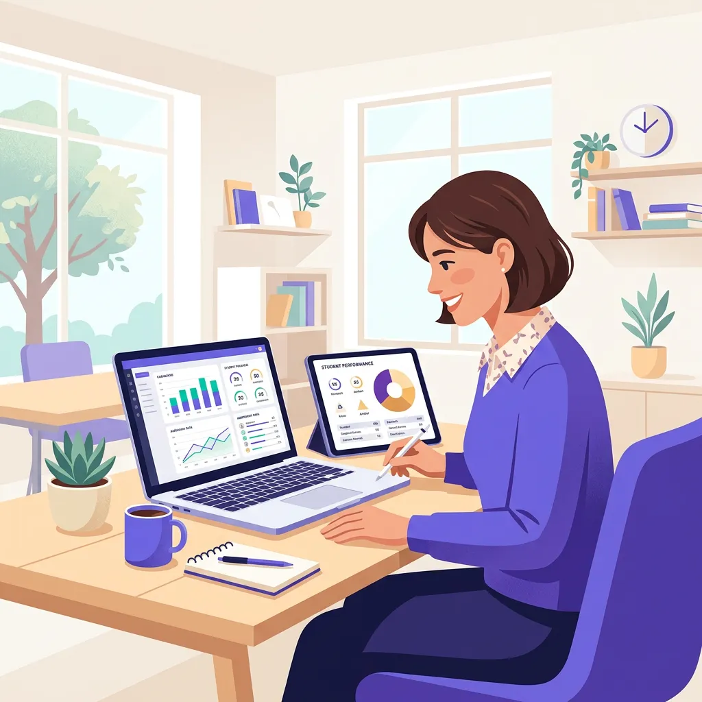 Tablet e computer portatile con grafici di valutazione degli studenti sulla scrivania del docente
