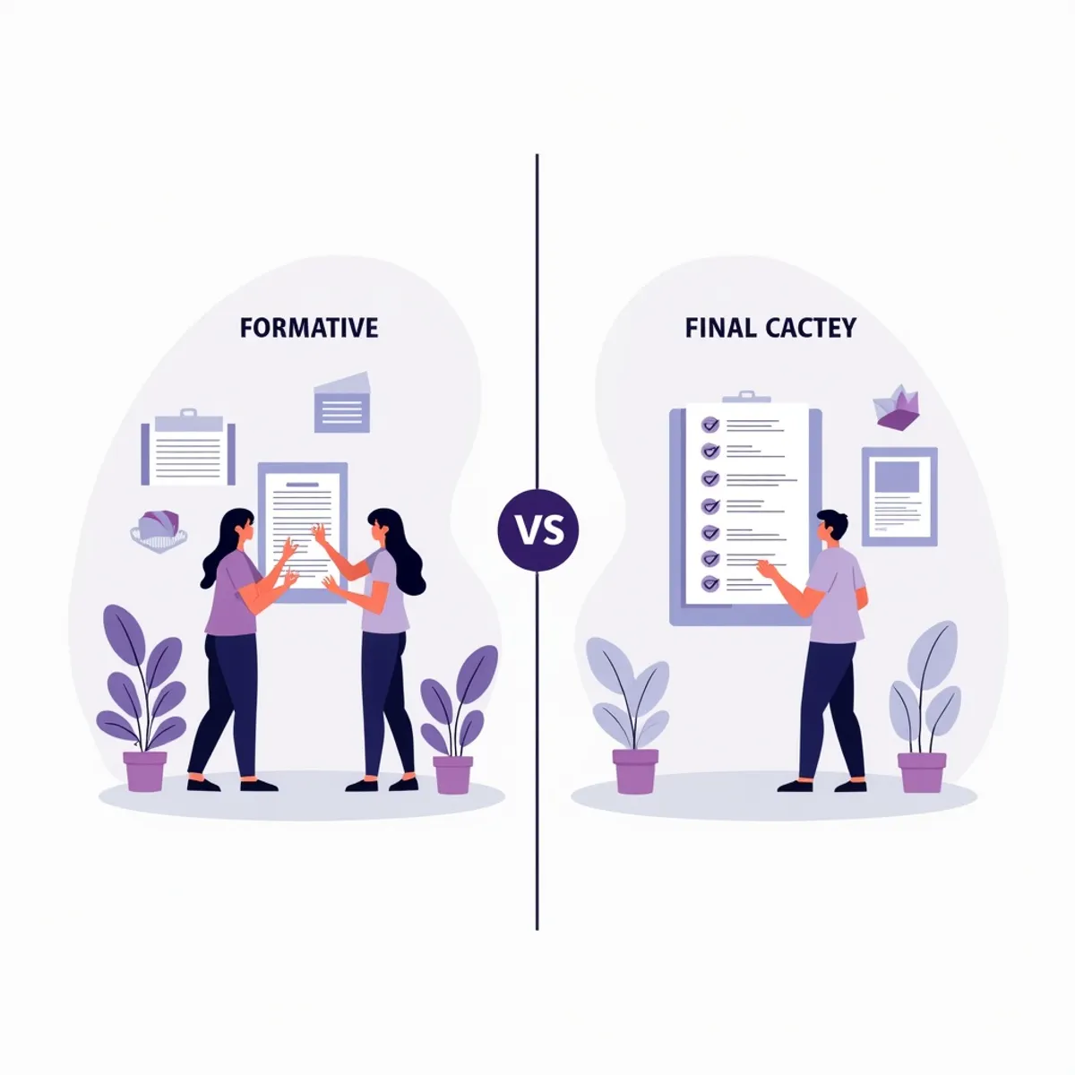 Confronto visivo tra valutazione formativa e valutazione sommativa con caratteristiche principali