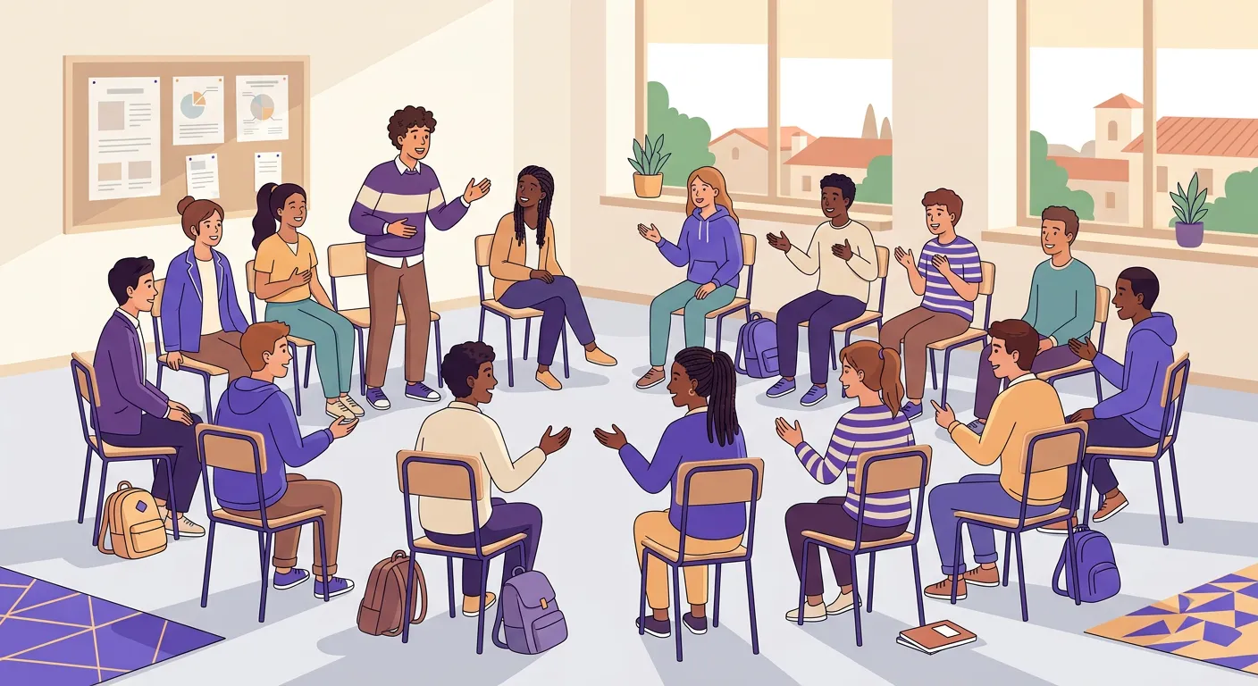 Studenti adolescenti della scuola secondaria che partecipano ad attività di accoglienza in classe
