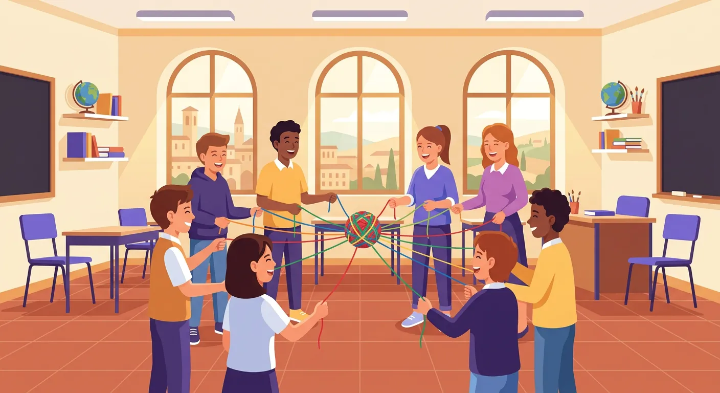 Studenti che partecipano a giochi di gruppo cooperativi durante l'accoglienza scolastica