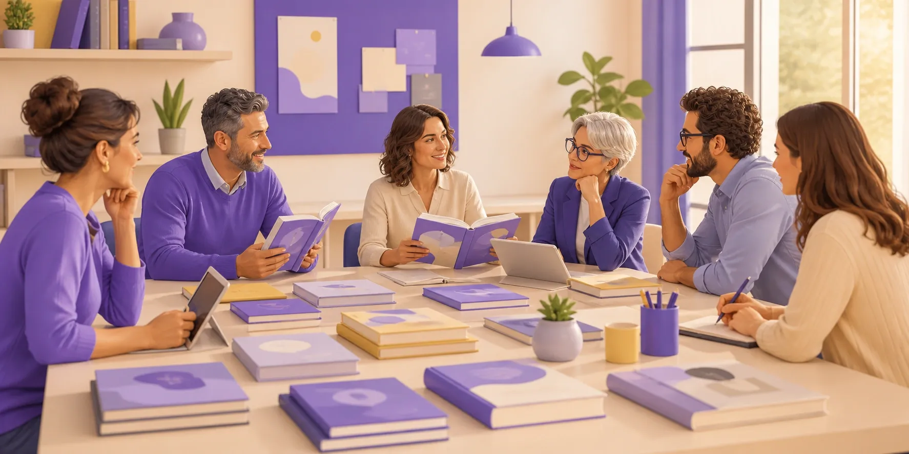 Docenti riuniti in collegio discutono l'adozione dei libri di testo con i volumi sul tavolo