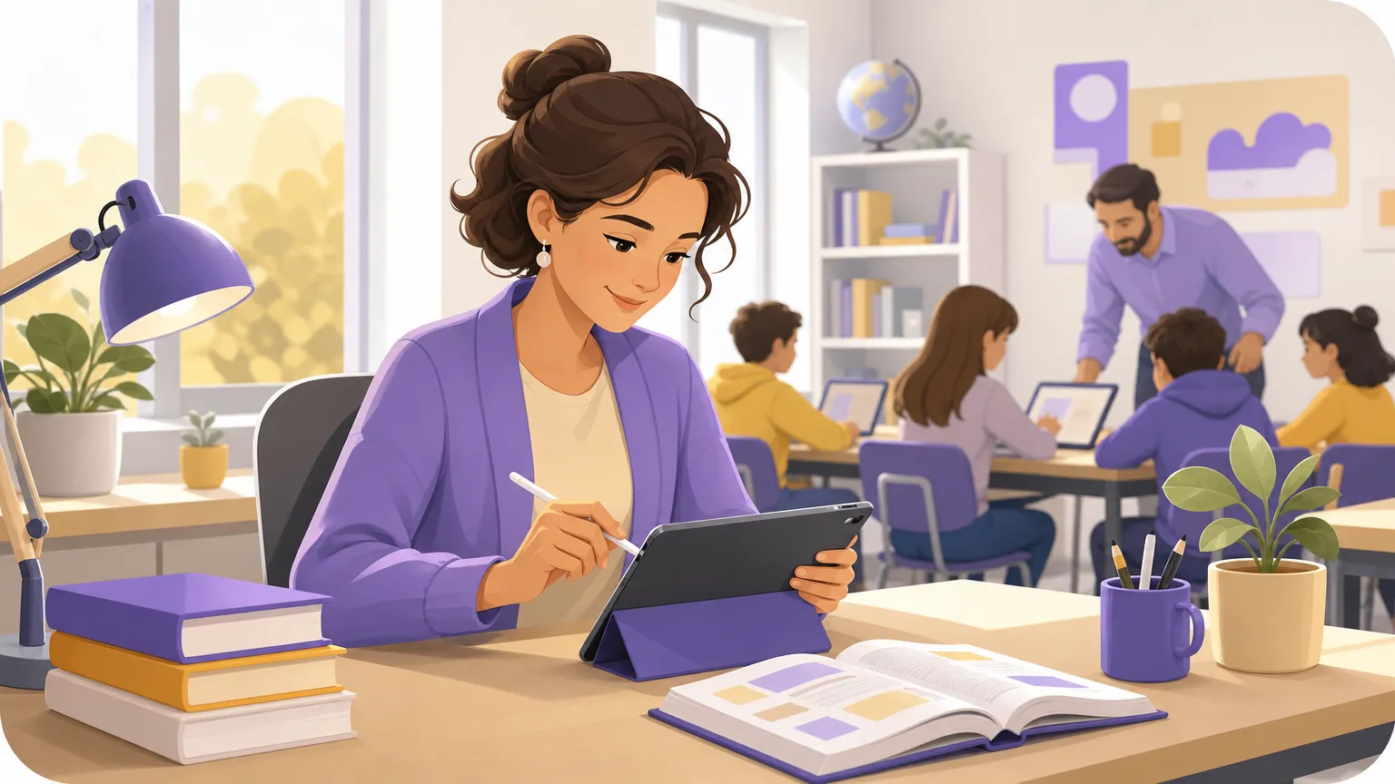 Docente pianifica su tablet la programmazione annuale collegando gli argomenti al manuale scelto