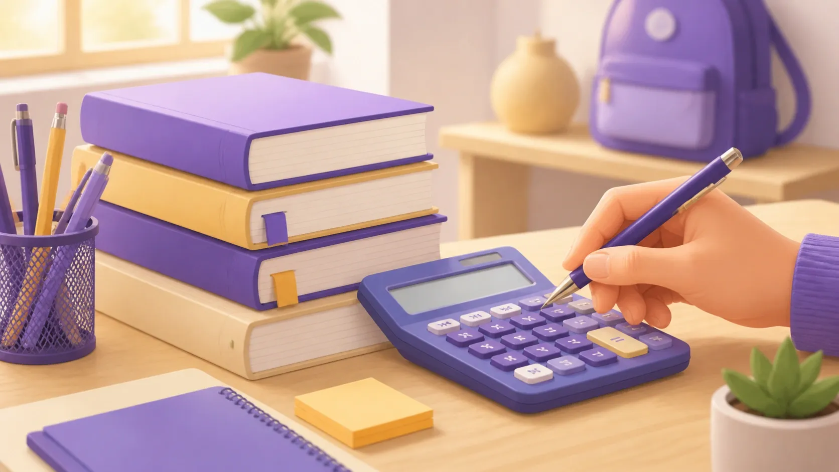 Libri di testo scolastici e calcolatrice sulla scrivania per il calcolo del tetto di spesa della classe