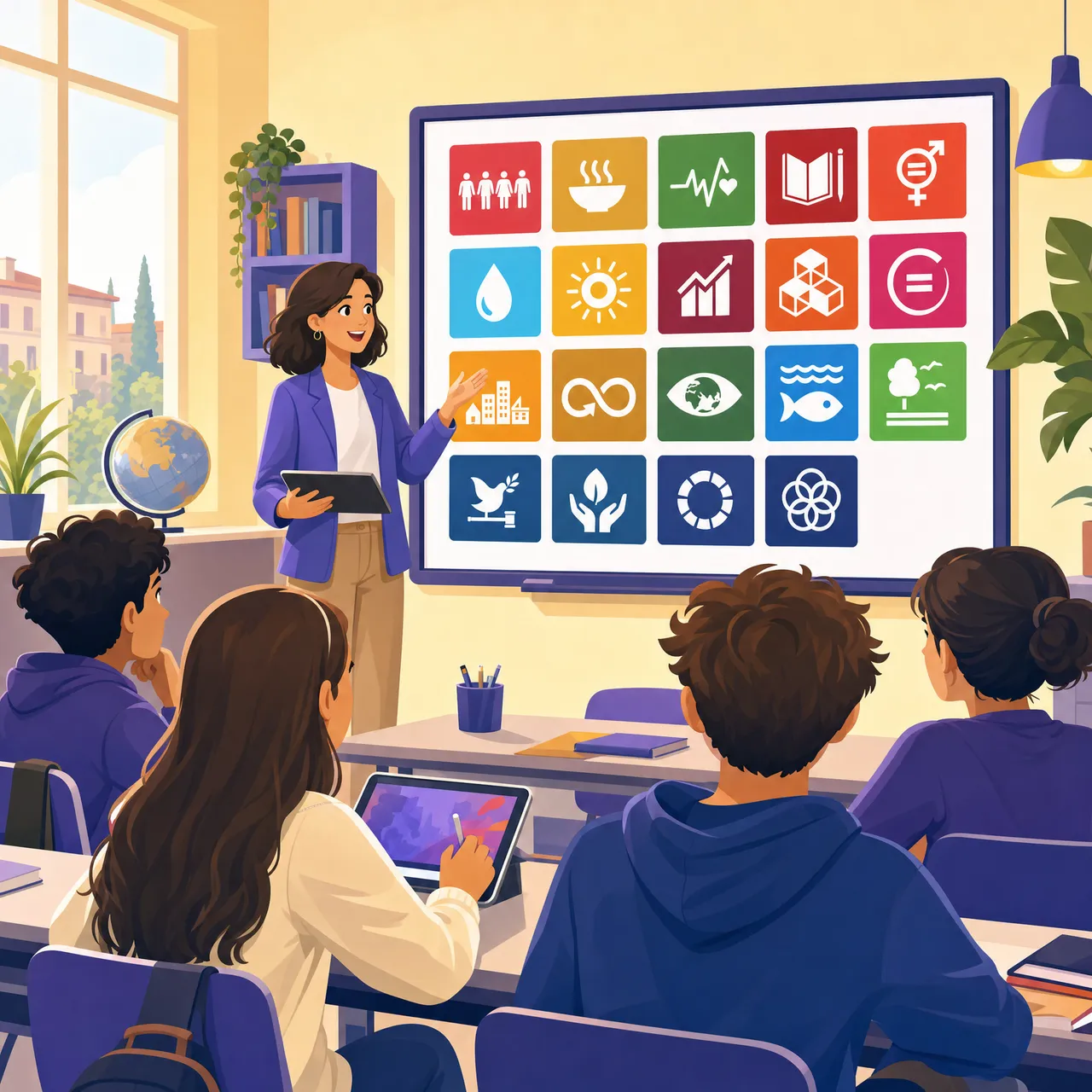 Docente spiega i 17 obiettivi dell'Agenda 2030 dell'educazione civica a una classe italiana di scuola secondaria