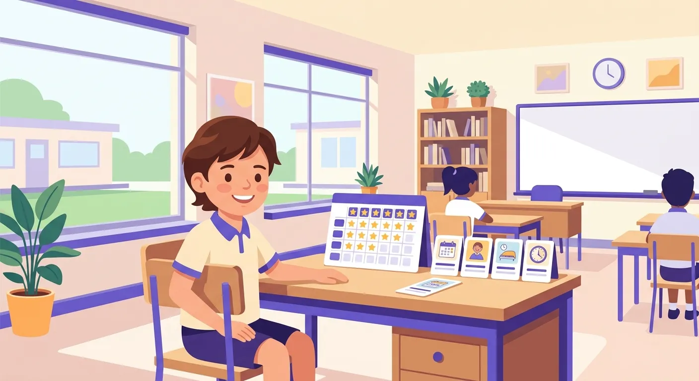 Alunno scuola primaria con ADHD usa scheda visiva organizzativa con token economy in classe inclusiva
