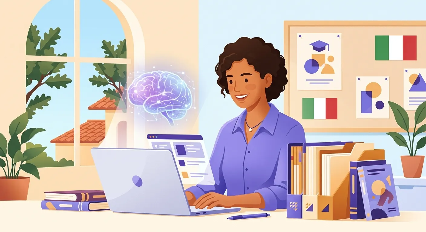 Docente di sostegno al computer mentre AI genera materiali didattici adattati per alunno con BES