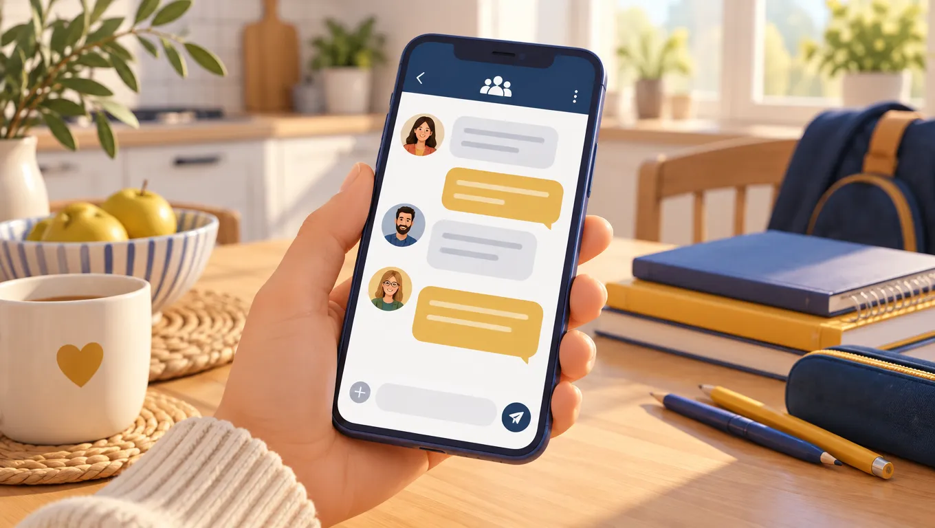 Telefono con una chat di gruppo di genitori dove circola un annuncio ripetizioni sul tavolo con i libri