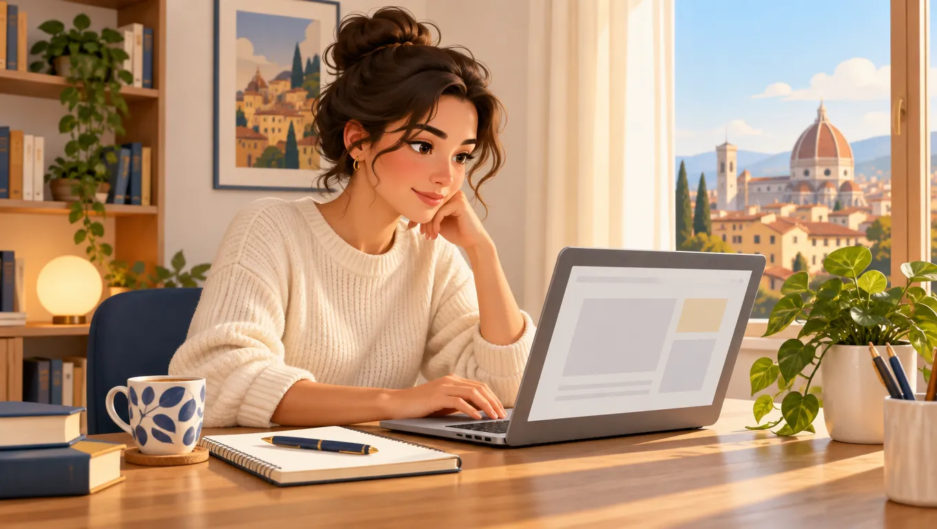 Docente privato scrive un annuncio ripetizioni al laptop sulla scrivania di casa con quaderno e caffè