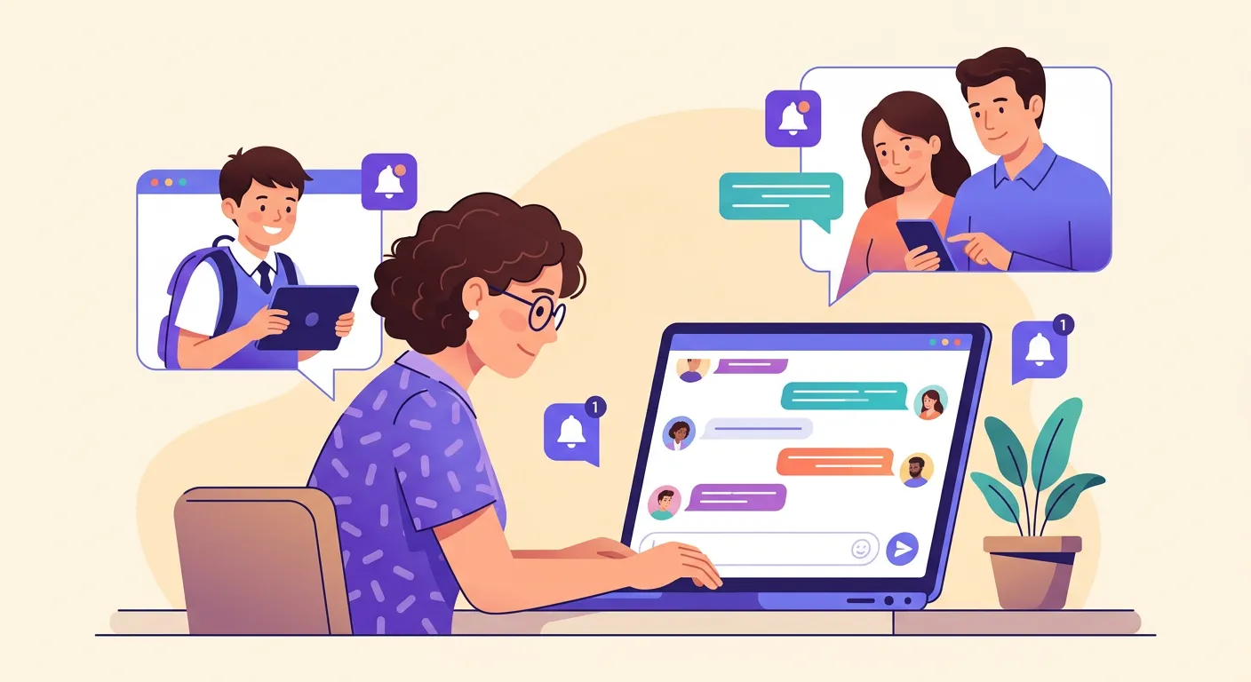 Docente che comunica con studenti e genitori attraverso app scolastiche gratuite su laptop
