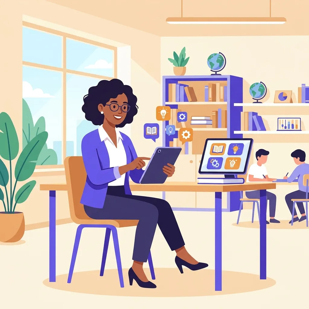 Insegnante che esplora app didattiche gratuite su tablet in un'aula scolastica moderna