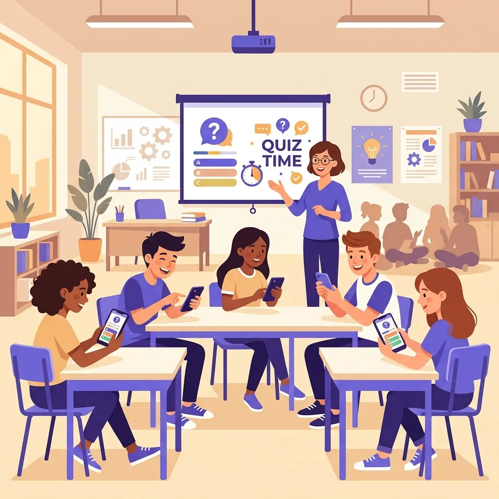 Studenti che partecipano a un quiz interattivo in classe usando smartphone e tablet