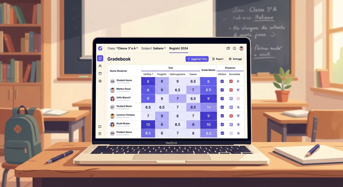 Interfaccia di un registro digitale gratuito per docenti con voti e presenze degli studenti