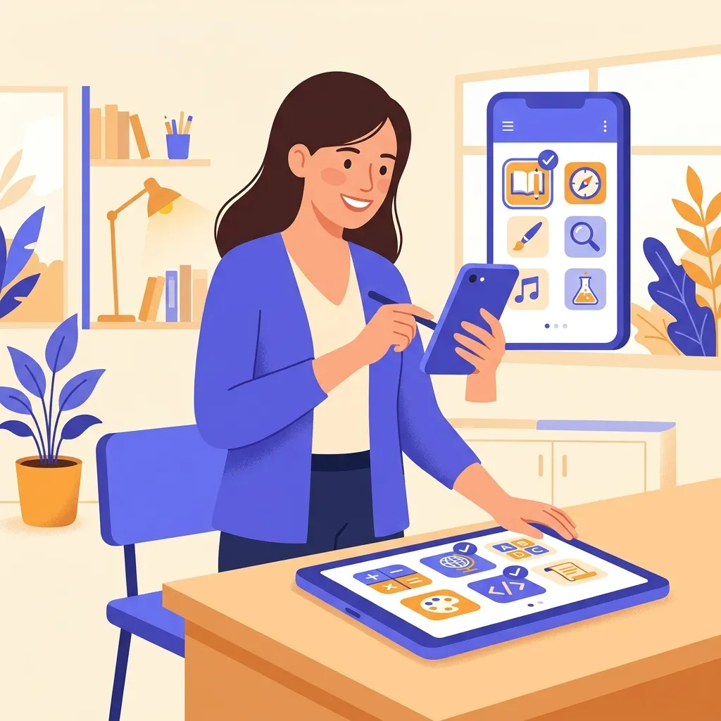 Docente che sceglie tra diverse app didattiche gratuite su smartphone e tablet