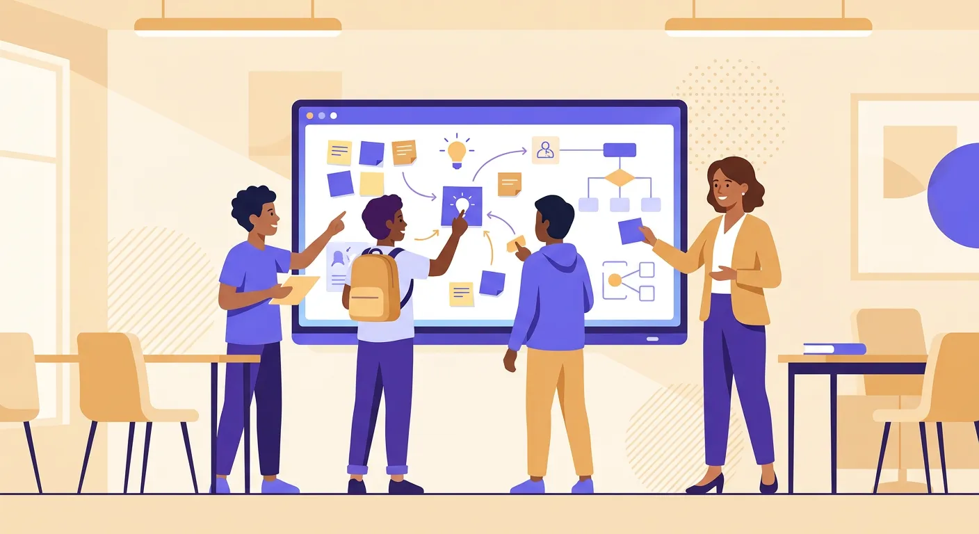 Insegnante e studenti che collaborano su una bacheca digitale interattiva in aula