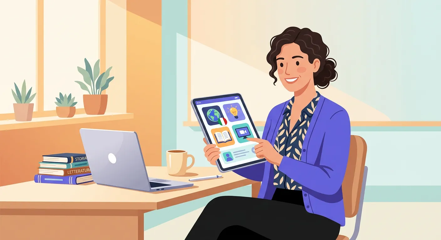 Insegnante che utilizza app didattiche su tablet per organizzare le lezioni