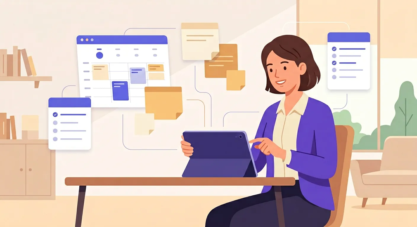 Docente che organizza il lavoro quotidiano con app digitali su tablet e computer