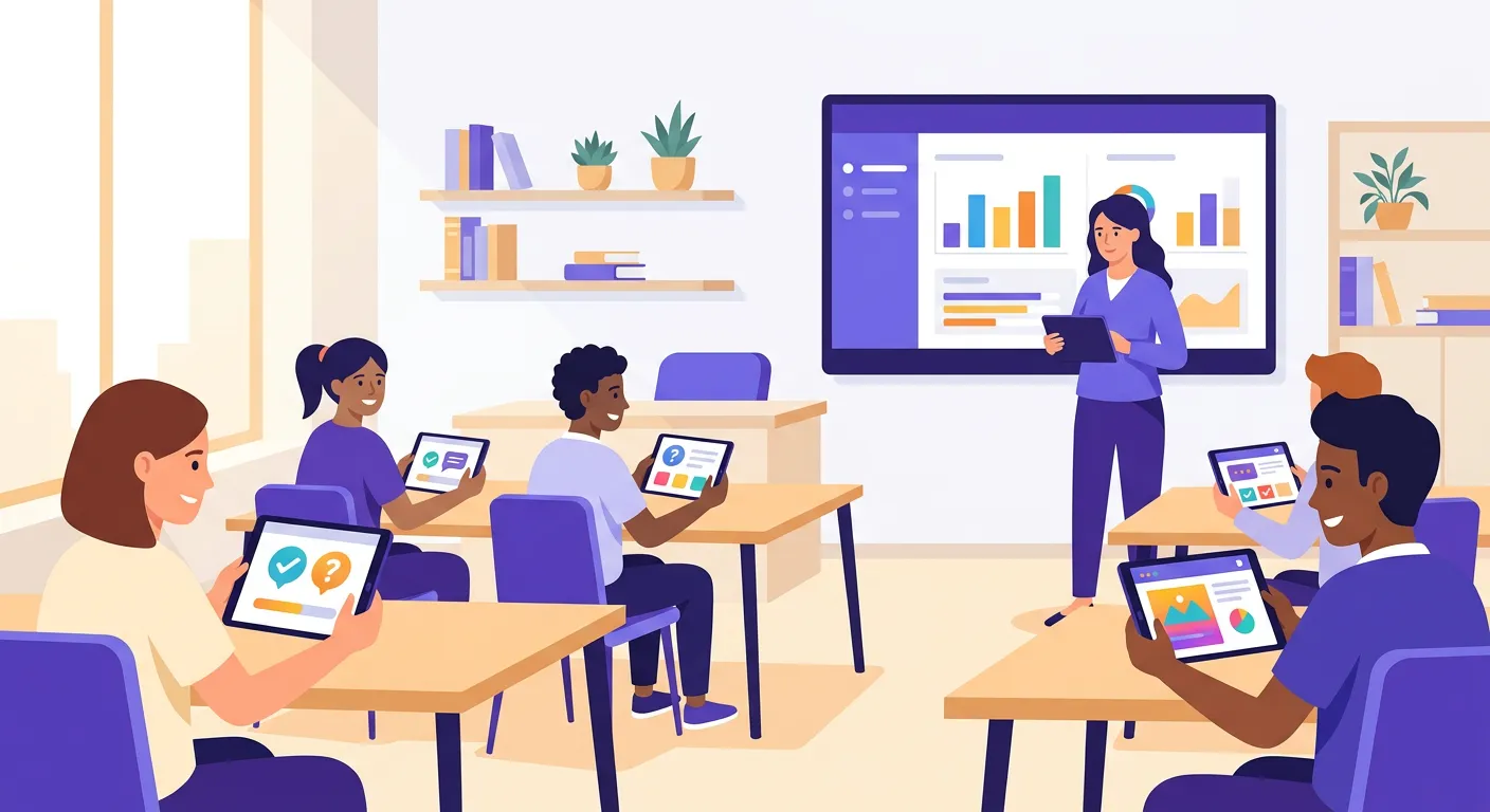Studenti che partecipano a un quiz interattivo in classe con app didattiche sul tablet