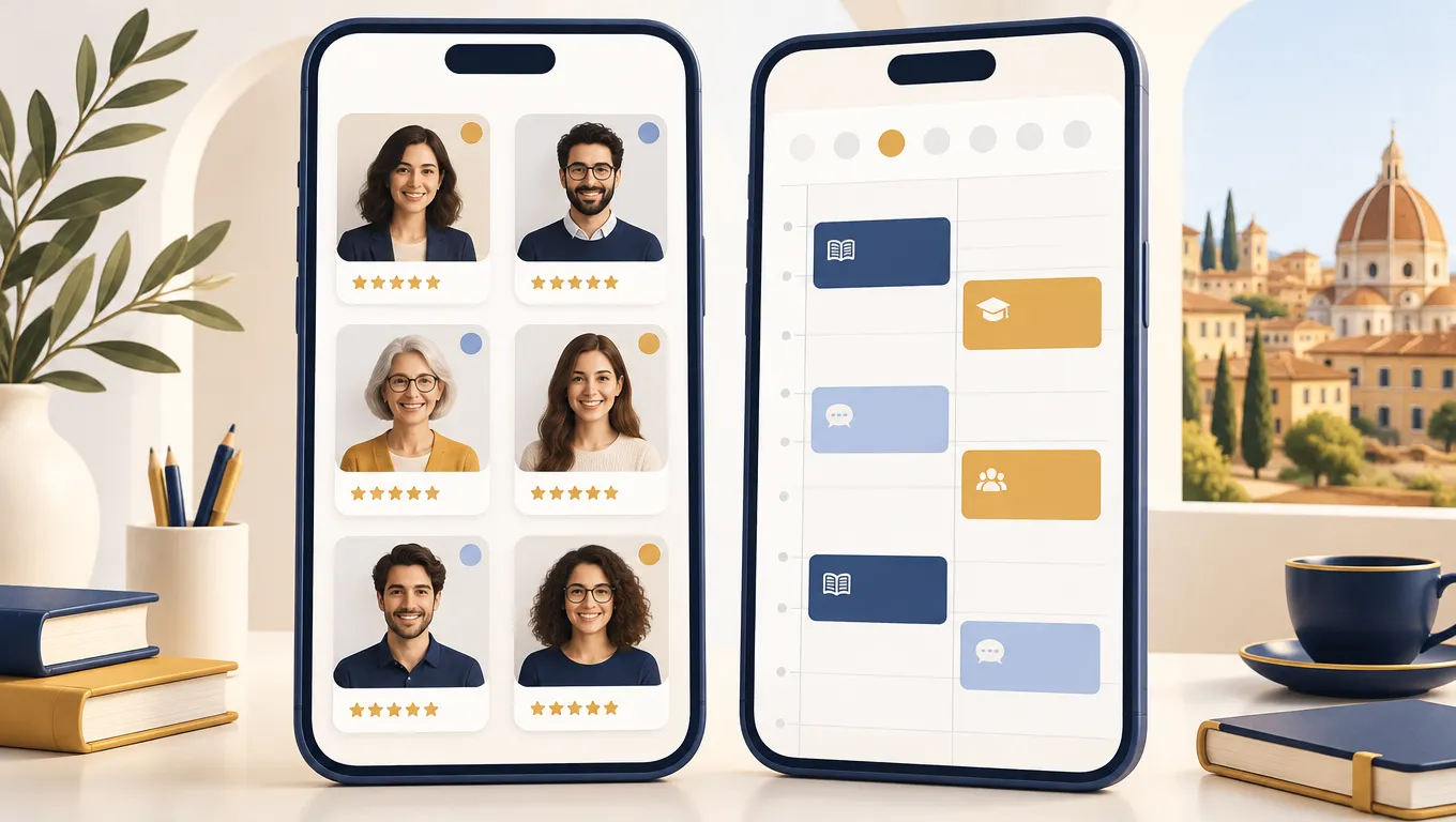 Due telefoni affiancati: a sinistra profili di insegnanti in vetrina, a destra un'agenda di lezioni private già organizzata