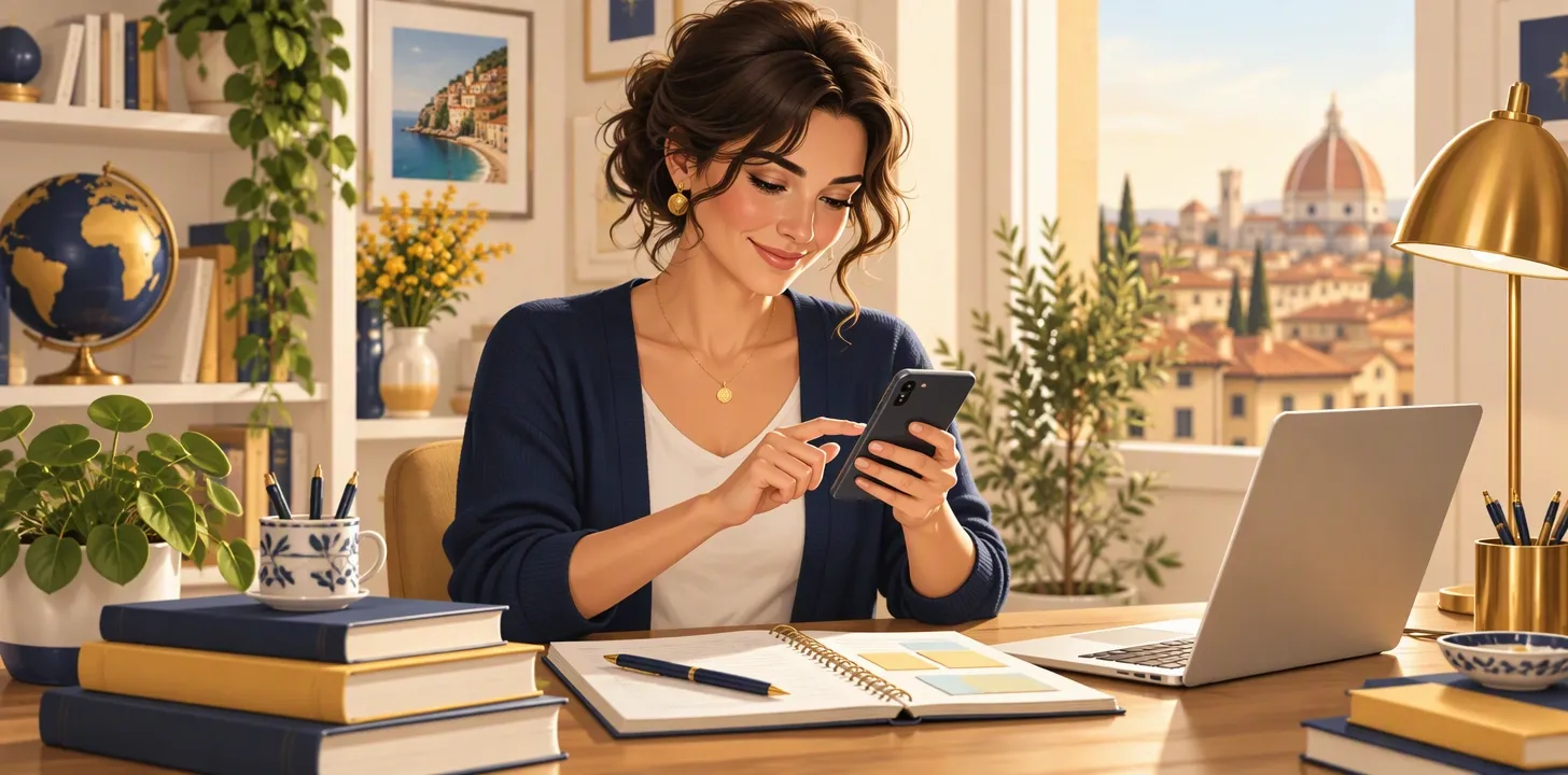 Docente privato organizza le ripetizioni della settimana sul telefono con un'app accanto ai libri