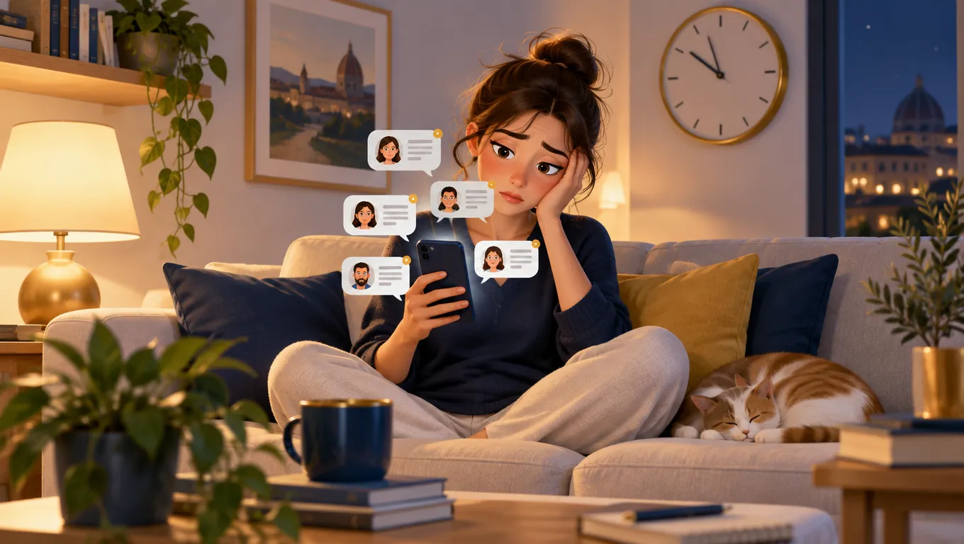 Docente di sera sul divano con il telefono pieno di messaggi delle famiglie per spostare le ripetizioni