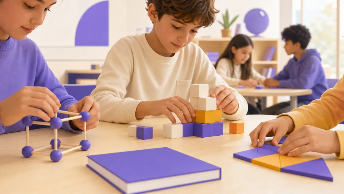 Mani di studenti che manipolano materiali concreti in un'esperienza diretta di apprendimento accanto a un libro