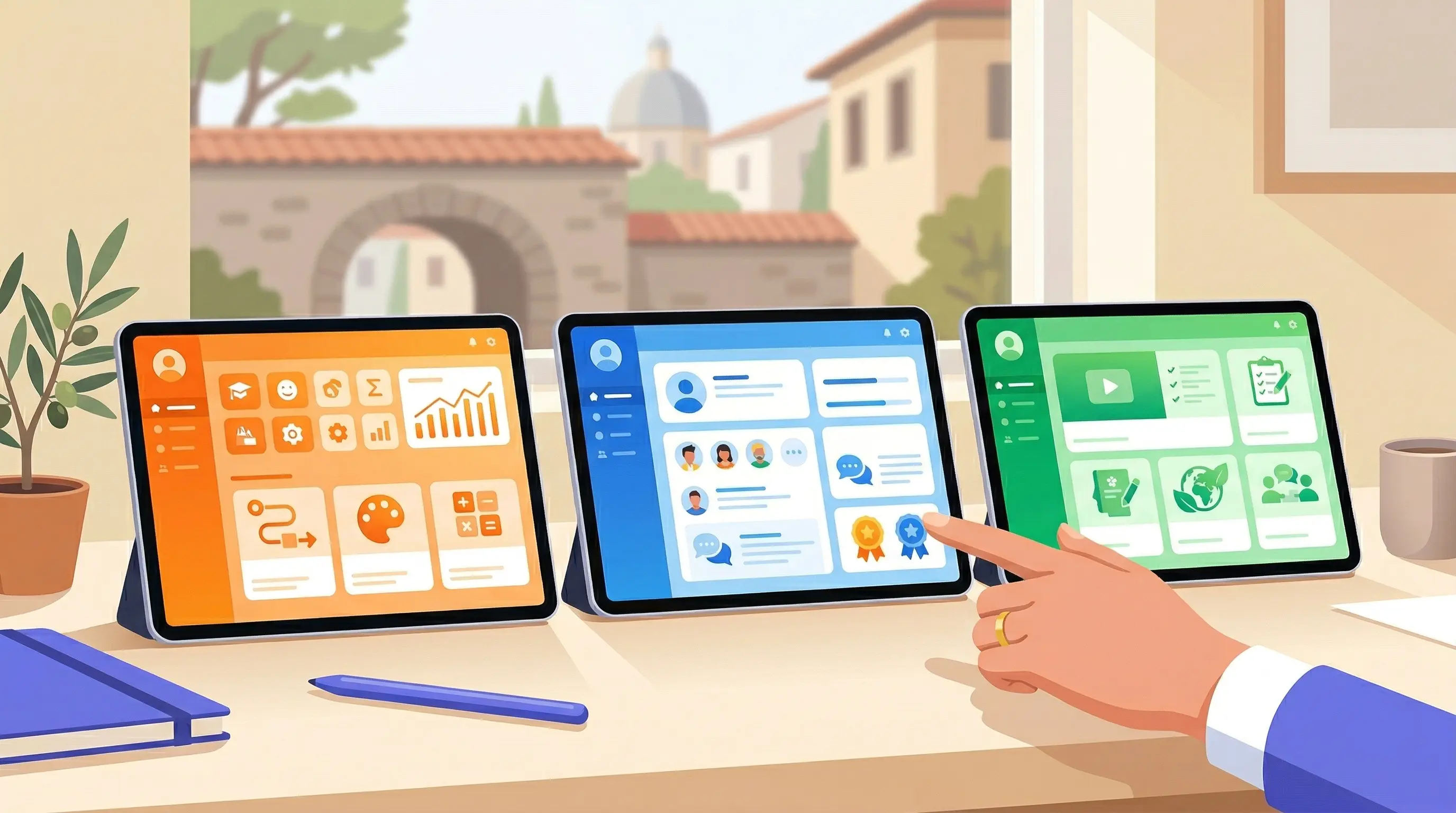 Confronto visivo tra tre registri elettronici scolastici italiani in stile flat illustration con colori purple e indigo