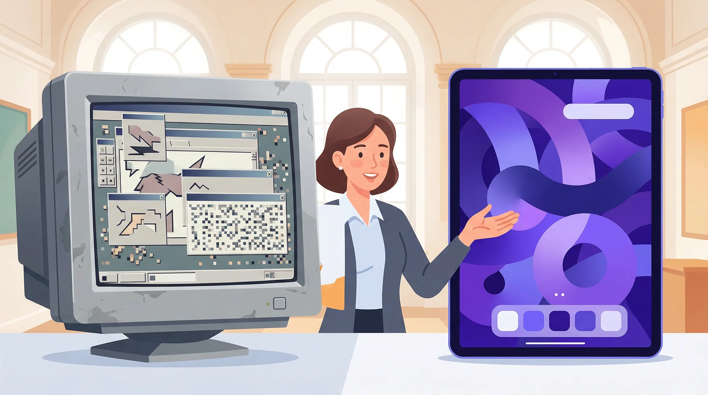 Confronto tra interfacce di registri elettronici scolastici moderni e datati in stile flat illustration