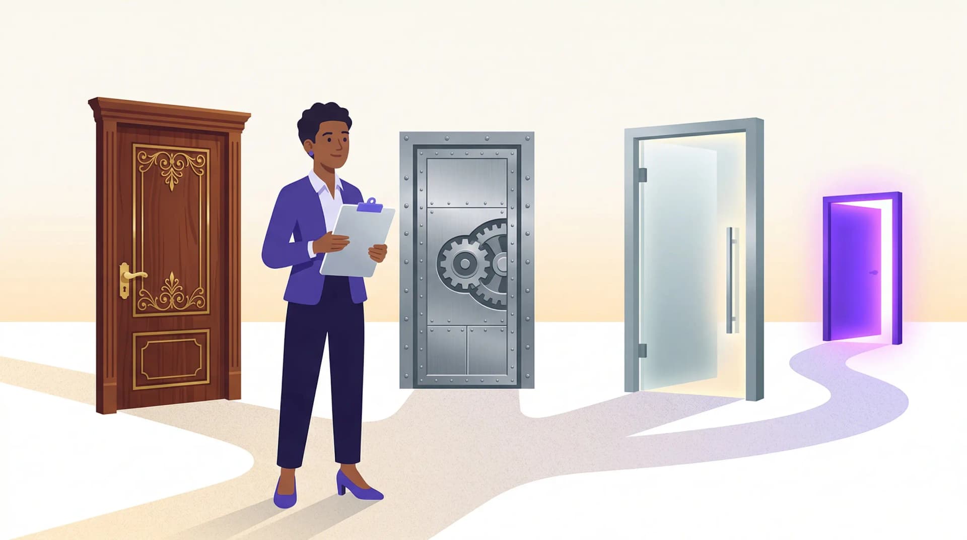 Docente che valuta diverse opzioni di registro elettronico con checklist in stile flat illustration