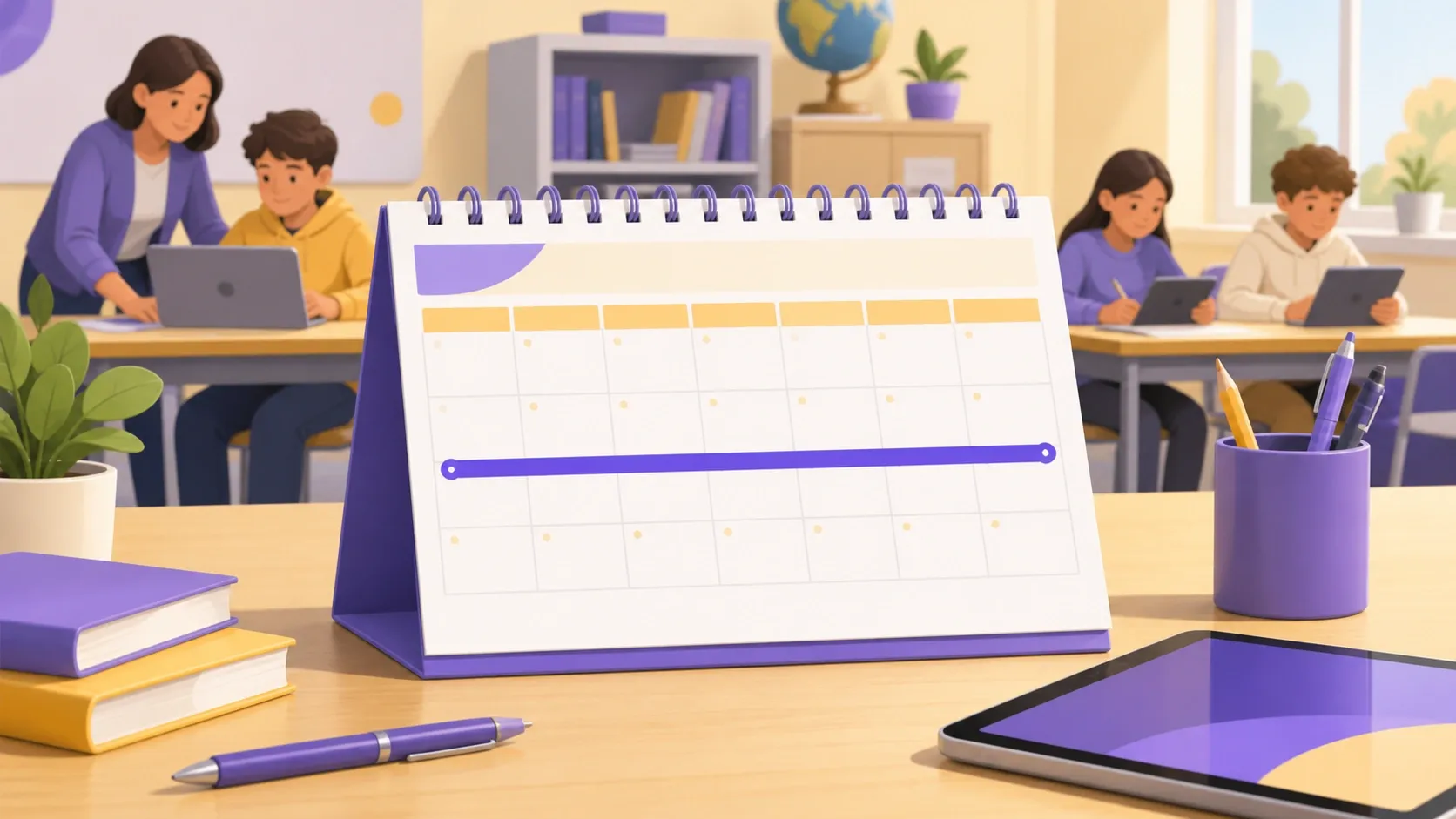 Calendario scolastico sulla scrivania di un docente con i mesi del periodo di aspettativa evidenziati