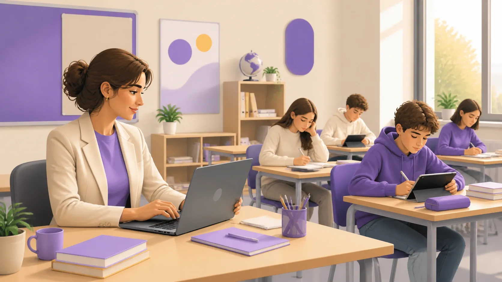 Docente supplente prende in mano la classe consultando il registro con gli argomenti svolti