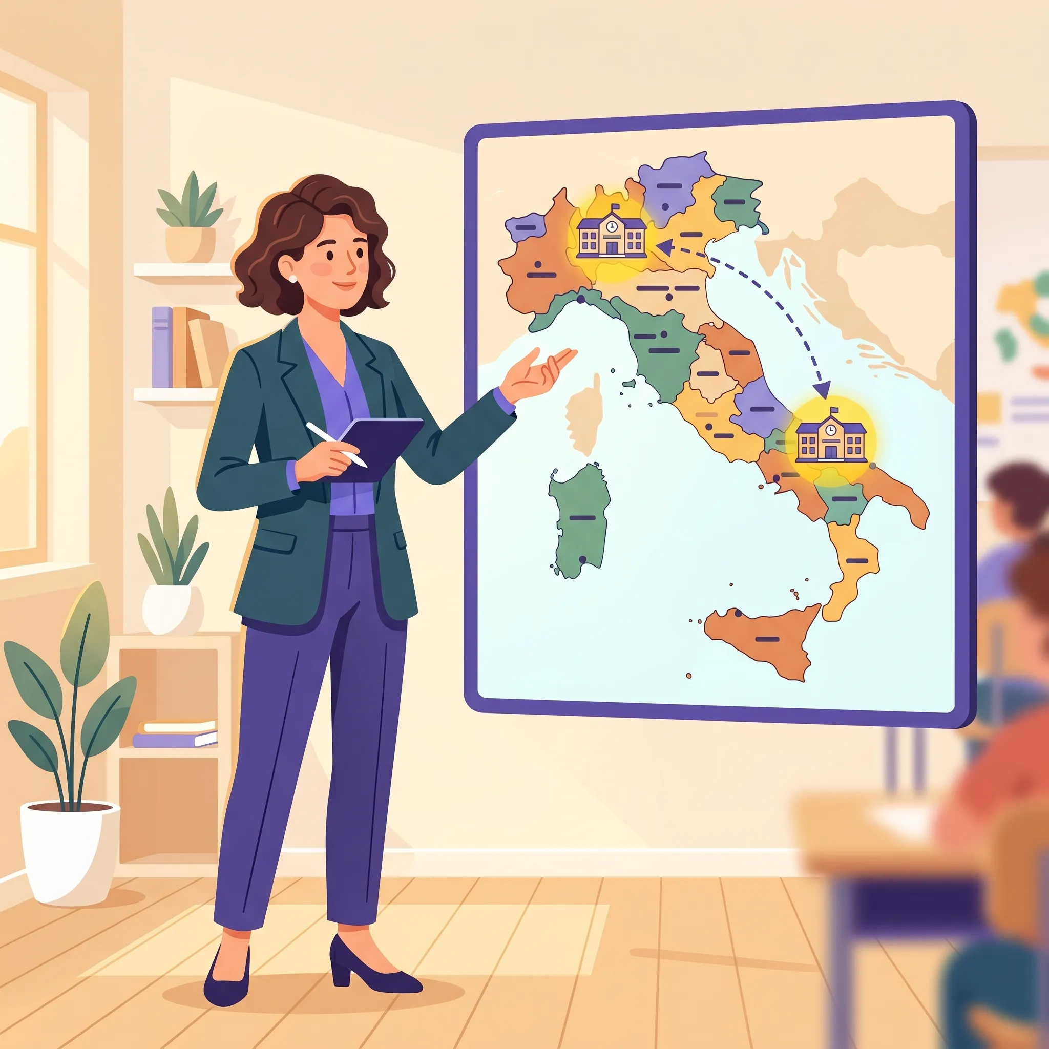 Docente che osserva una mappa stilizzata dell'Italia con due scuole evidenziate per un trasferimento temporaneo