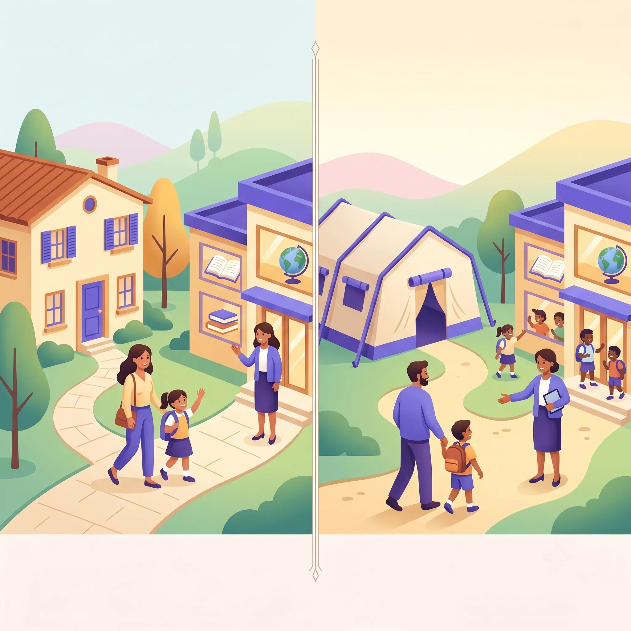 Illustrazione concettuale che confronta una casa stabile e una tenda temporanea accanto a due scuole