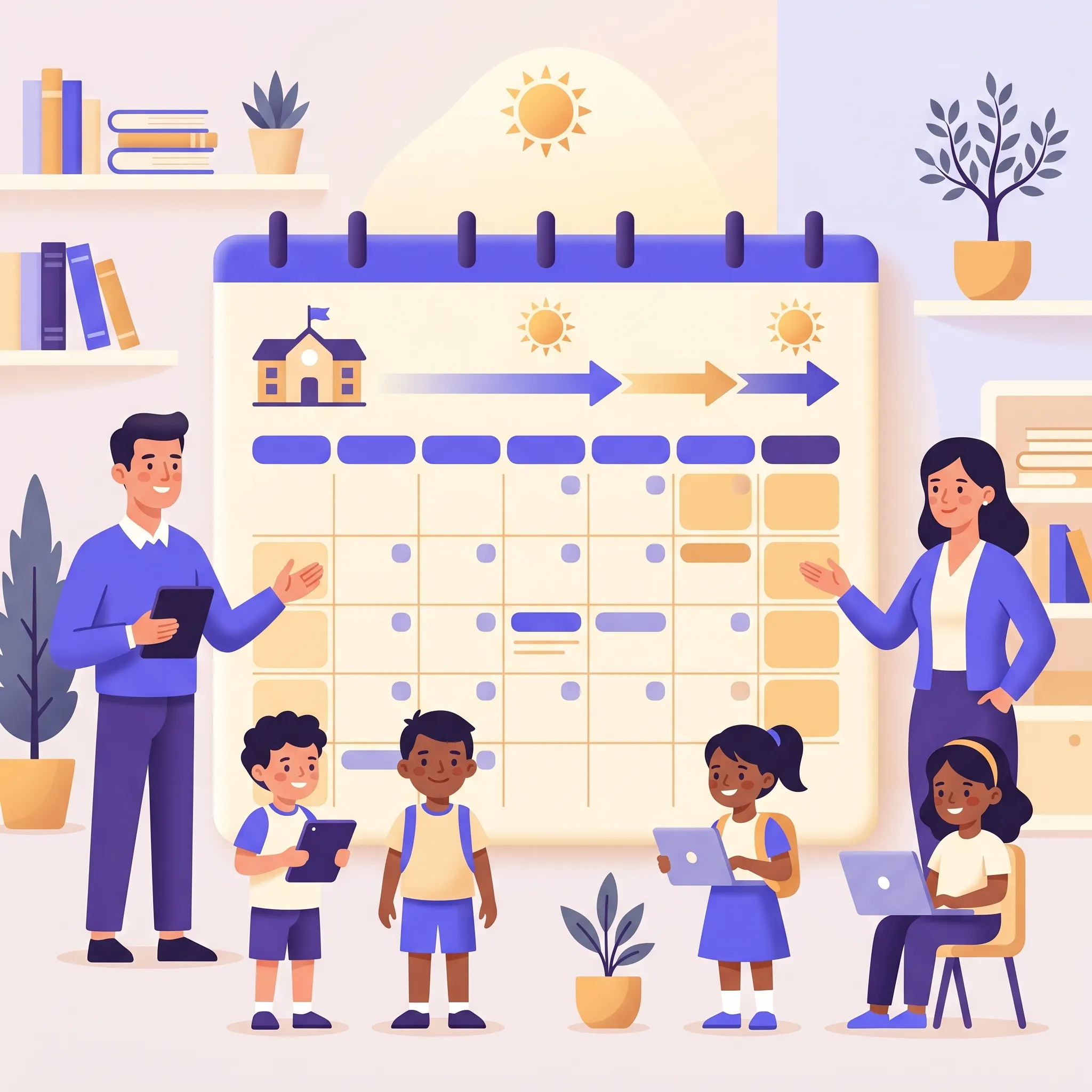Calendario estivo stilizzato con icona di scuola e frecce sulla linea del tempo dei mesi estivi