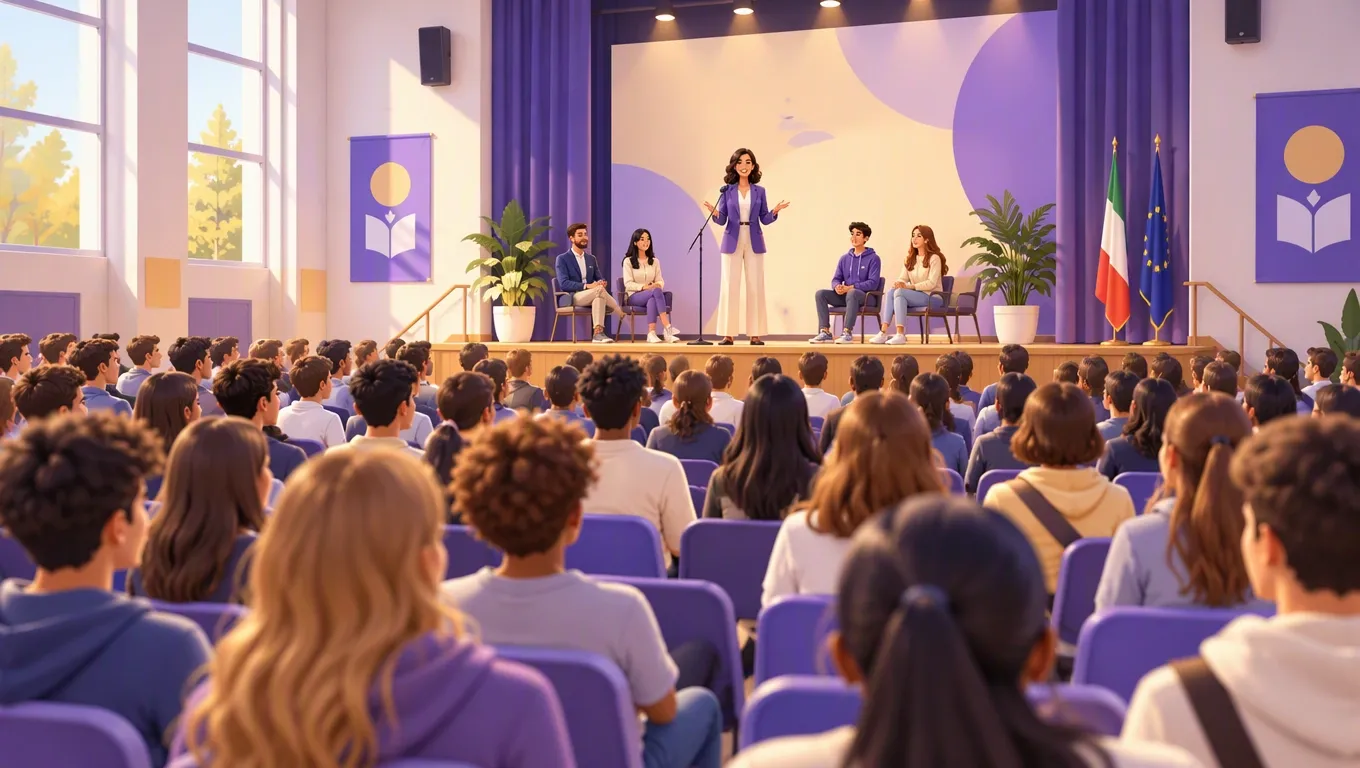 Aula magna della scuola gremita di studenti durante l'assemblea di istituto con il palco