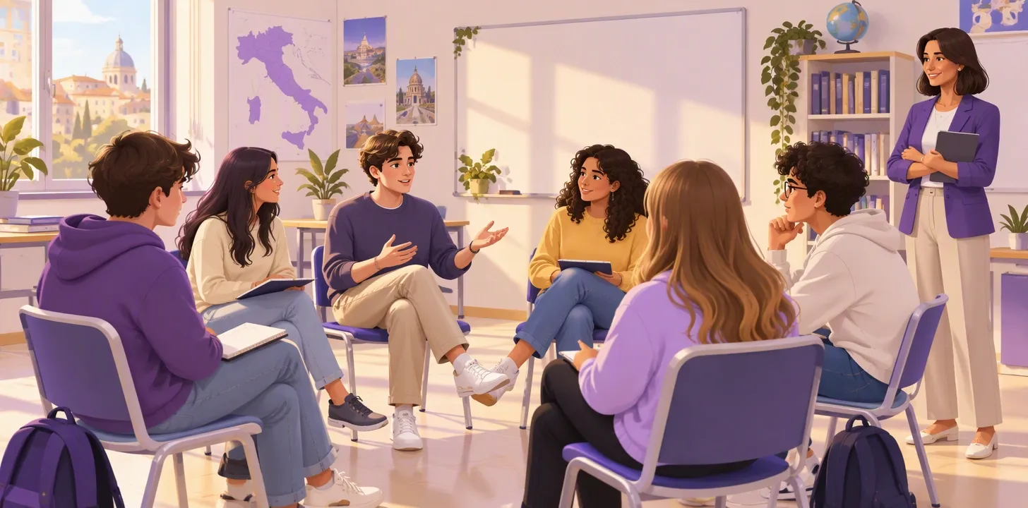 Studenti seduti in cerchio in aula durante l'assemblea di classe con il docente che osserva a lato