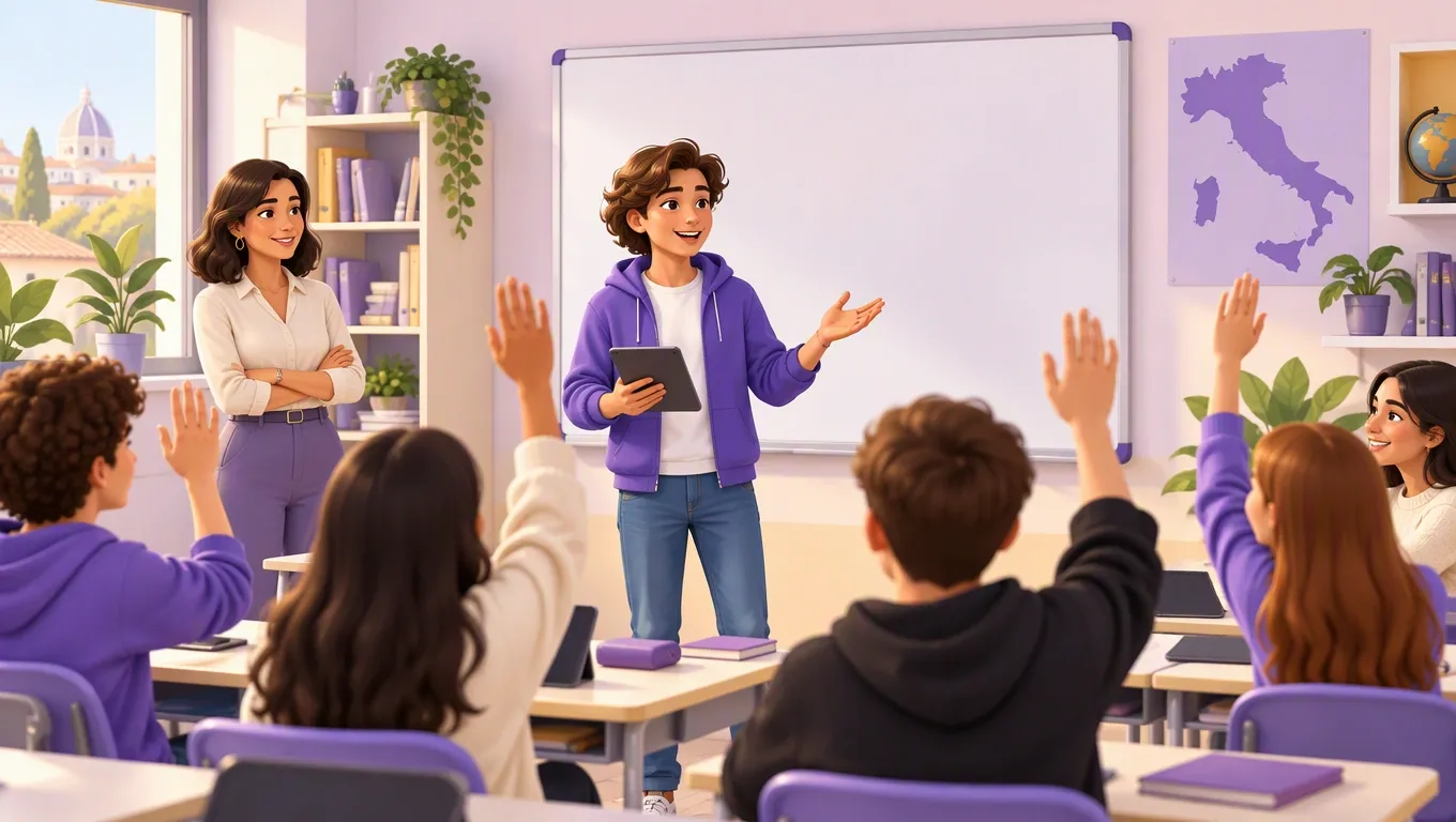 Rappresentante di classe modera l'assemblea degli studenti davanti alla lavagna in aula